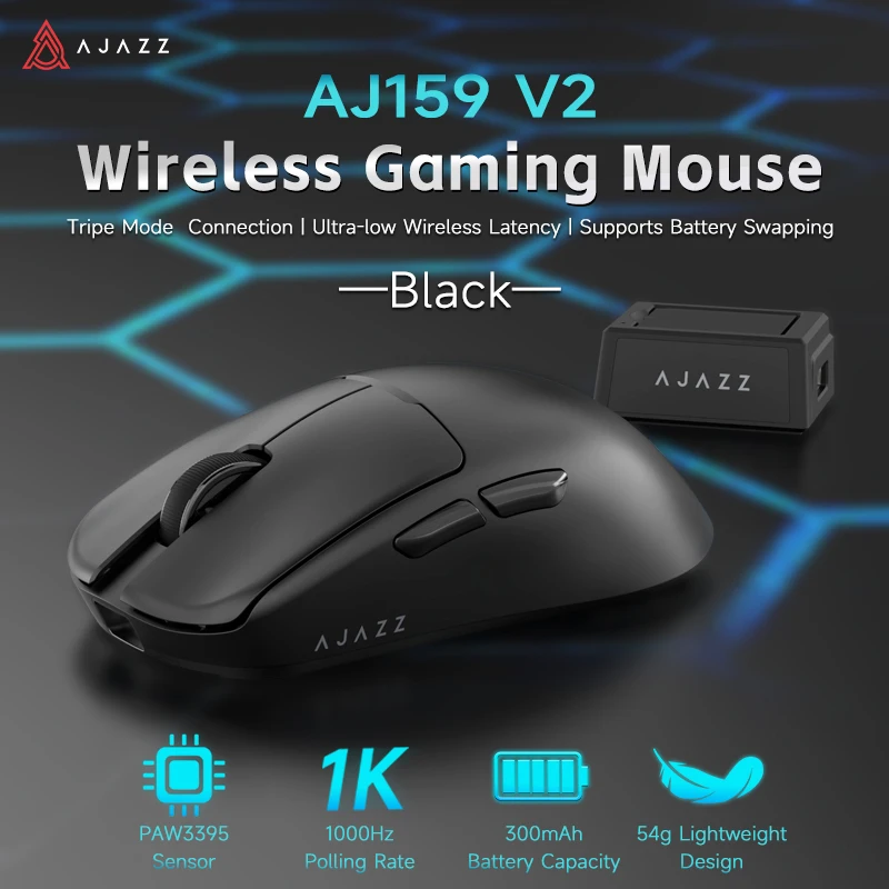 AJAZZ AJ159 V2 muis met verwisselbare batterij en 1 extra batterij, PAW3311 Esports-gamingmuis voor kantoor, gaming en campus