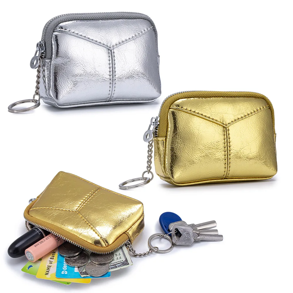 Shiny Silver Gold Coin Bag with Key Ring, Gloss Genuine Leather Zipper Compact Coin Purse for Women Ladies Daily Carry