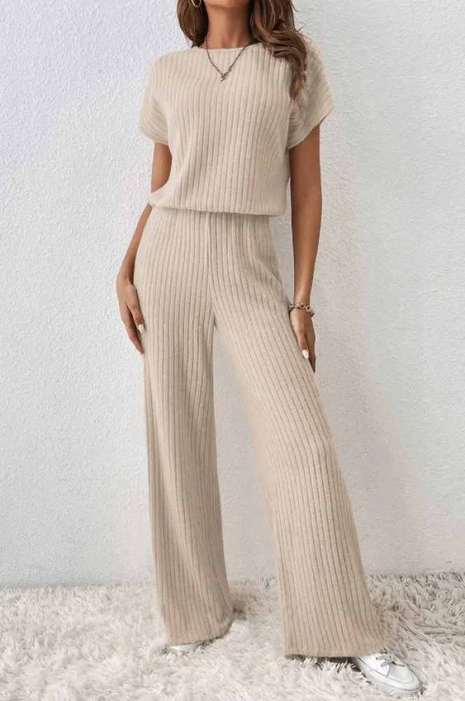 Simple Style Rib Knit Long Pants Suit Women Casual Short Sleeve T-shirt & Loose Trousers 2 Piece Sets Summer Autumn Women Set