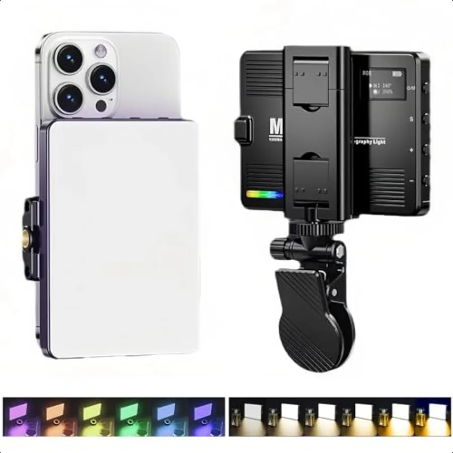 

LED Selfie Light for Phone 1500mAh Rechargeable Selfie Light RGB Full Color Cell Phone Clip on Video Light Dimming 3000K to 990