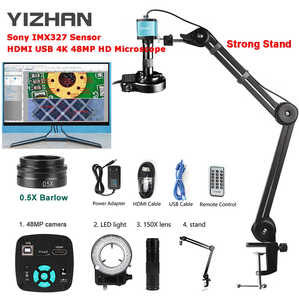 YIZHAN HD Digital Microscope 1080P 4K 2K HDMI USB VGA Soldering Microscope Camera 150X 180X 215X C-Mount Lens Remote Control