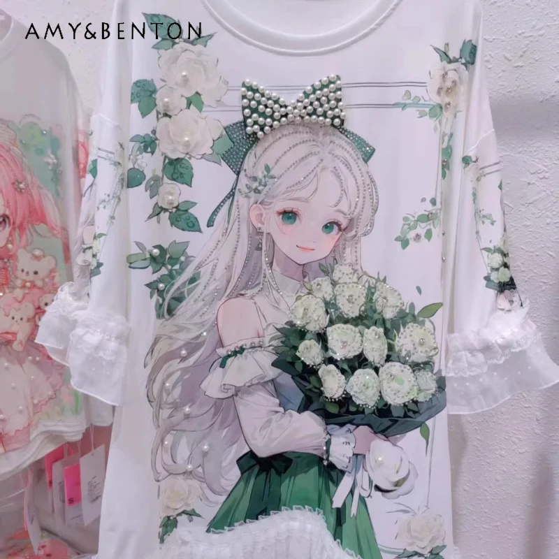 Heavy Industry Beads Diamond Drills Kawaii Tees Korean Style Tshirt Women's Summer Wear Loose Short-sleeved Top T-shirt Pullover