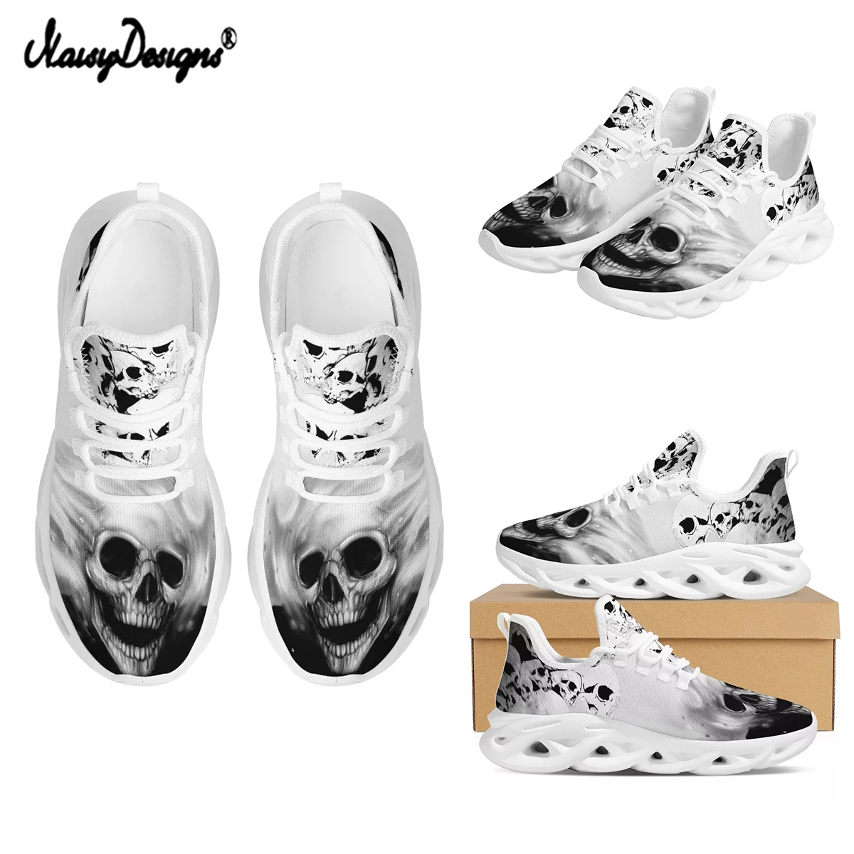 Noisydesigns Fashion Men Sneakers Gothnic Cool Skull Pattern Casual Flats Summer Comfortable Breathable Lace-up Running Shoes