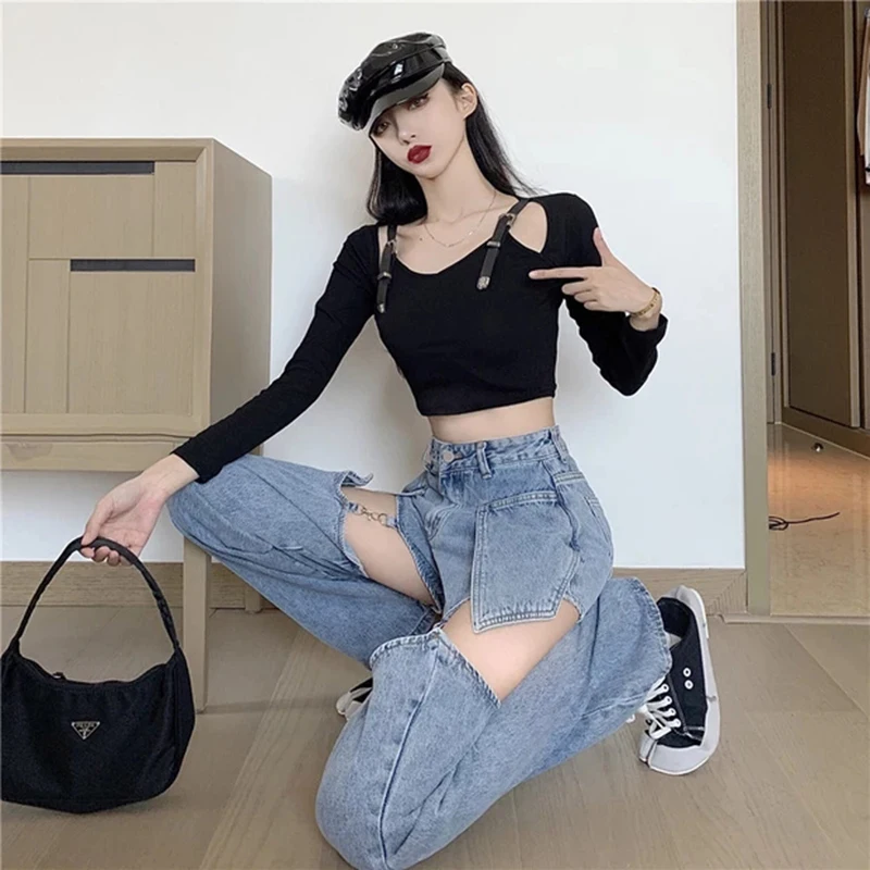 Women Straight Leg Ripped Jeans For Women Fashion Loose Hole Streetwear Women High Waist Pants Hole Denim Trousers