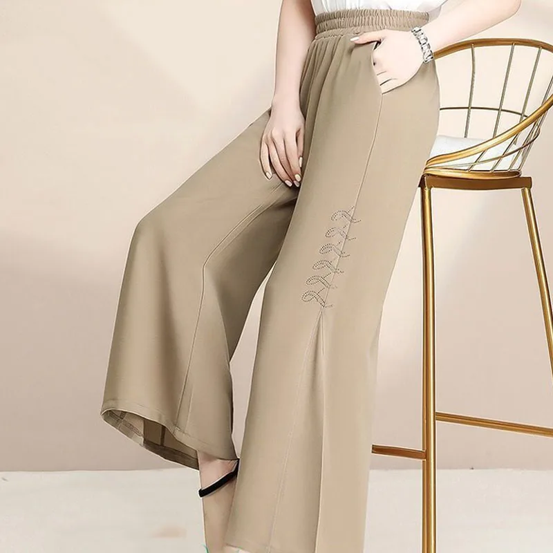 Women's Clothing Casual Solid Color Summer Thin Cropped Pants Fashion All-match Loose Spliced Elastic Waist Wide Leg Trousers