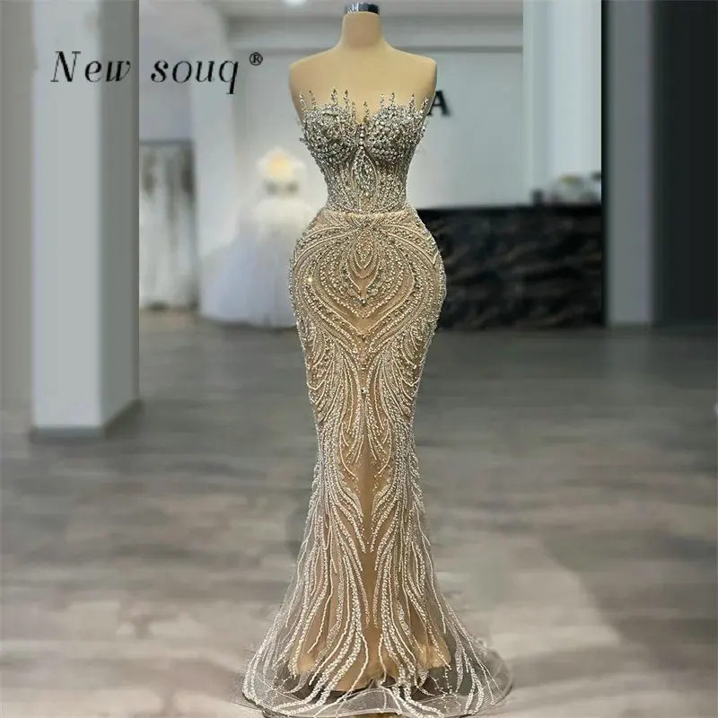 

Long Champagne Mermaid Evening Dresses Customized Glitter Crystals Beaded Sweetheart Neck Formal Wedding Party Gowns for Women