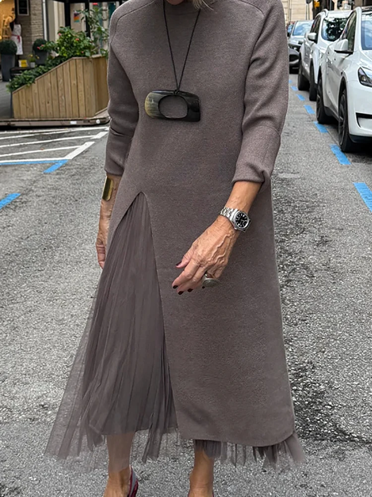 

Женский пуловер с круглым вырезом, макси-топ и юбка, комплект из 2 предметов, лоскутный модный наряд с длинными рукавами для весенней и осенней уличной одежды 2026