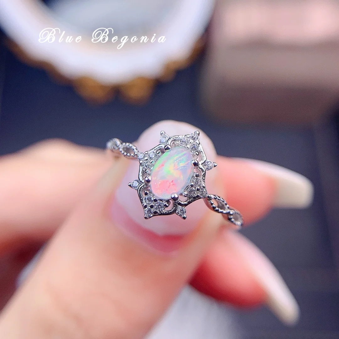 4*6MM Natural Australia Black Opal Ring 925 Sterling Silver Big Gemstone Jewelry for Women Wedding Engagement Gift