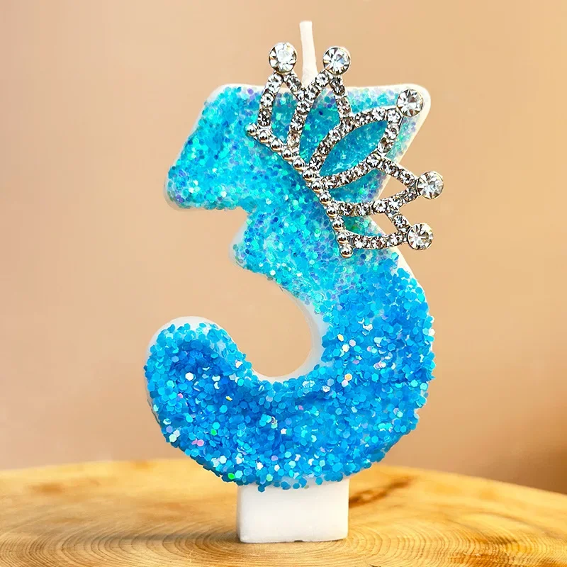 Blue Glitter birthday candles, Tiara Crown digital cake topper, birthday party girl princess themed cake decoration