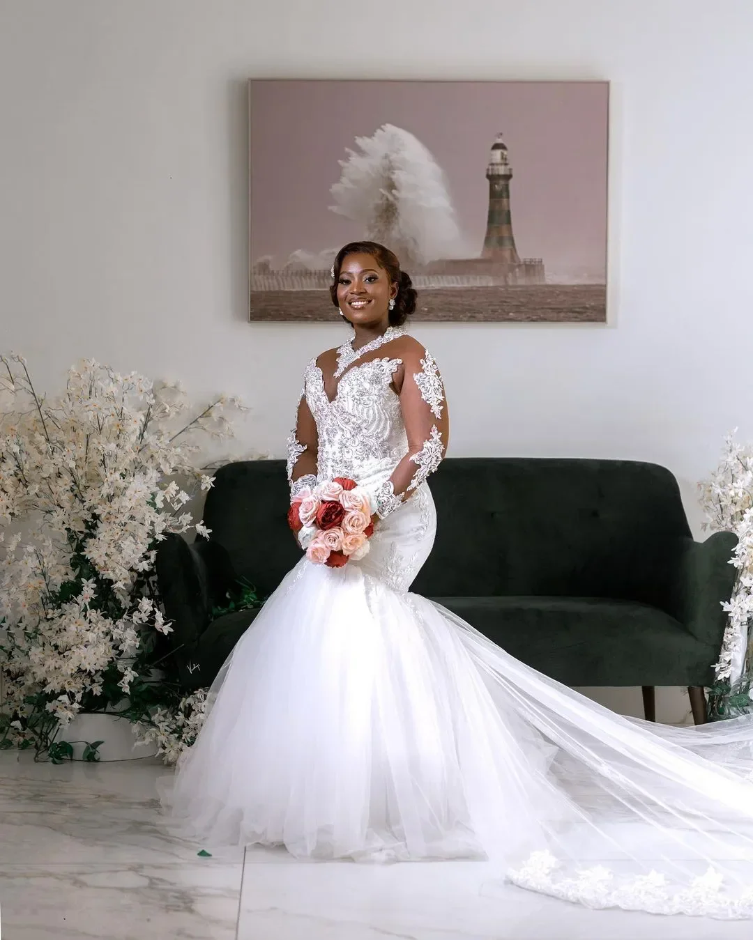 Aangepaste witte volledige kant zeemeermin trouwjurken kristallen pure hals vintage sexy bruidsjurken jurk