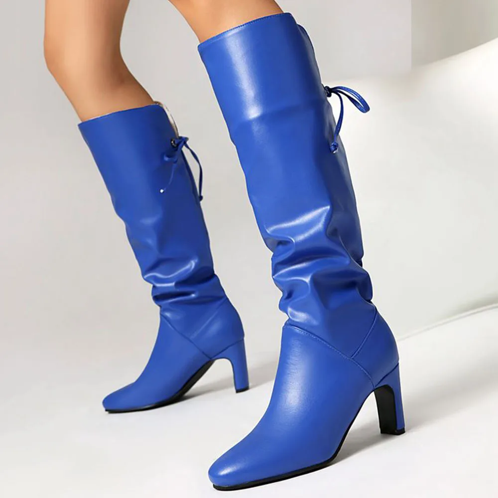 GIGIFOX High Heel Knee-High Boots For Woman Blue Big Size 35-44 PU Leather Pointed Toe Shoes Elegant New Fashion Trendy Boots