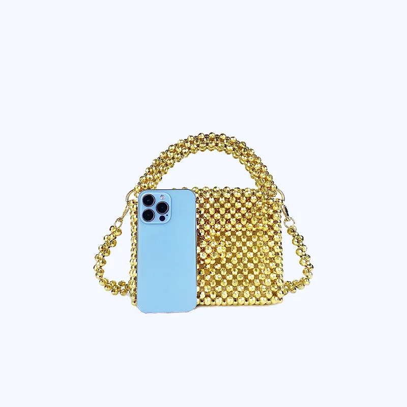 New Gold Acrylic Beaded Crystal Bags Metal Texture Handheld One Shoulder Crossbody Chain Customized Women\'s Small Square Bag