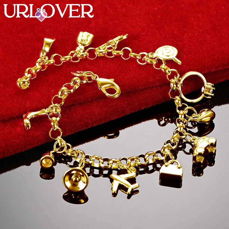 URLOVER 24K Gold Bracelet For Woman Aircraft/cars/bells/lollipops/guitars Pendant Bracelets Fashion Party Wedding Charm Jewelry