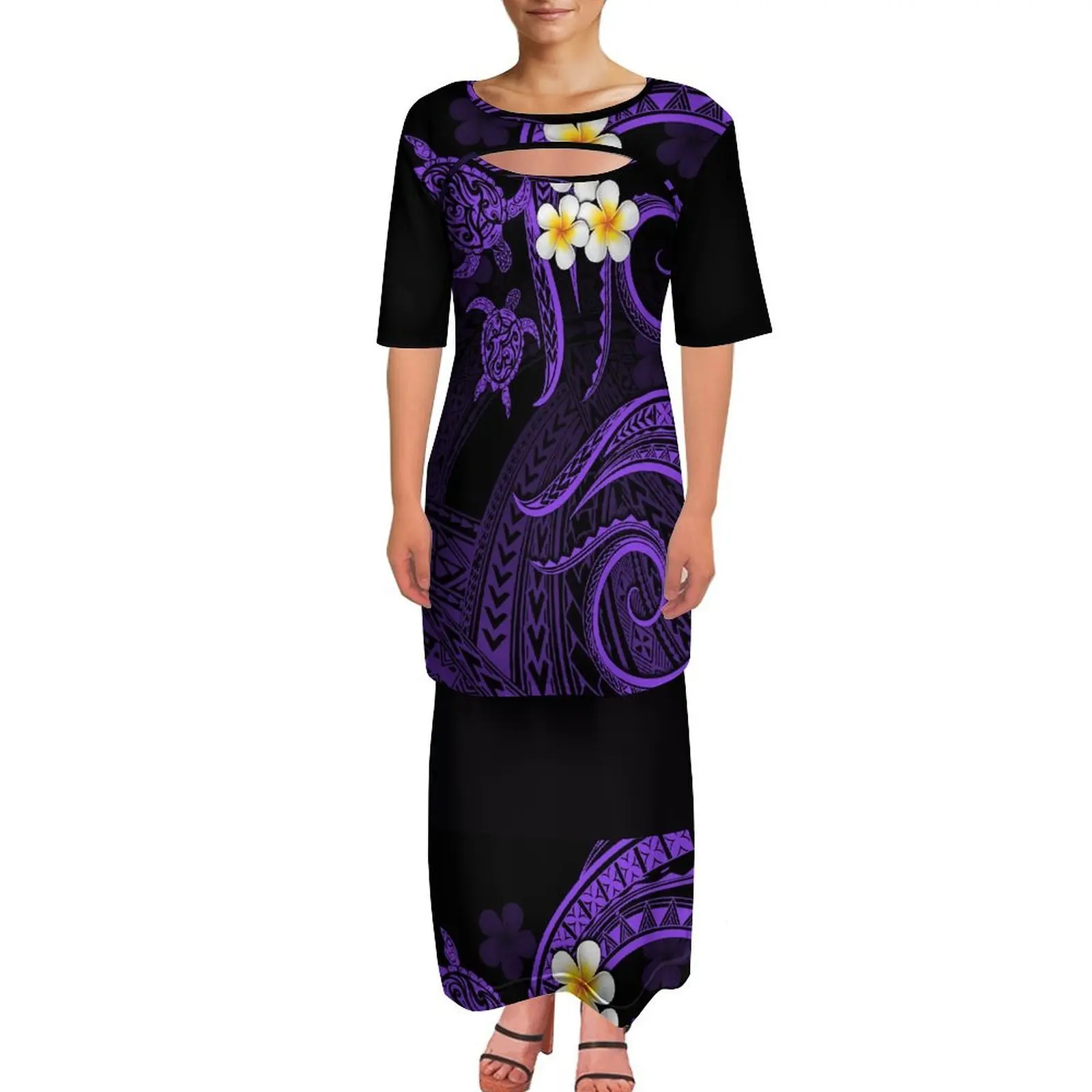 The Tribe Designs Custom Patterns For Dresses The Polynesian Lady Puletasi Features A Design With Hollowed-Out Sections