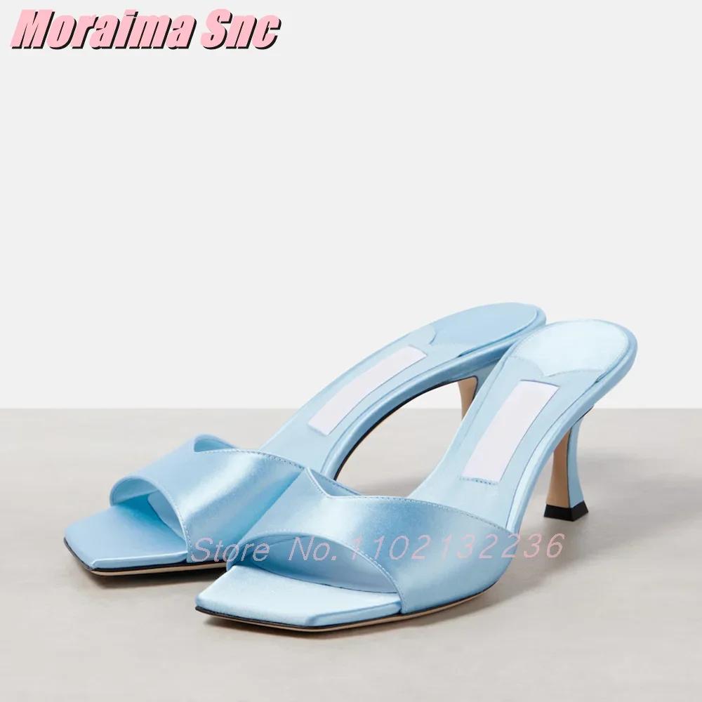 

2025 Newest Satin Square Toe Slippers Mid Kitten Heel Slip On Sexy Elegant Women's Summer Slides Fashion Concise Style Sky Blue