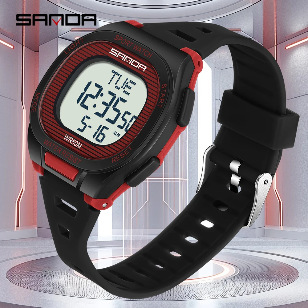 SANDA 2195 Student Electronic Watch Multi Functional Alarm Clock Countdown Waterproof Student Watch Square Sports Watch