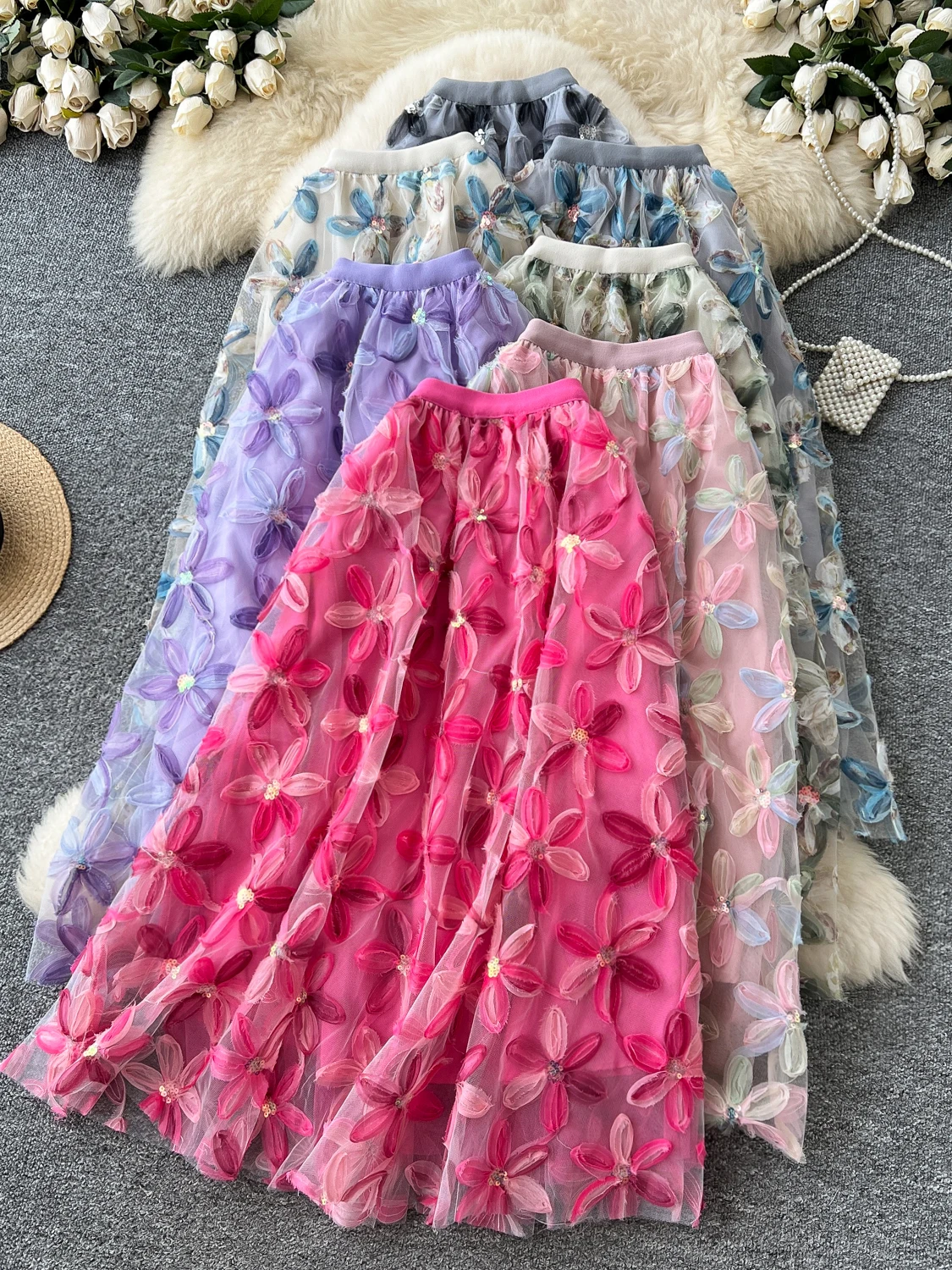 

French Mesh Skirt for Women Isummer Elastic Waist Three-dimensional Flower A-line Skirts Mujer