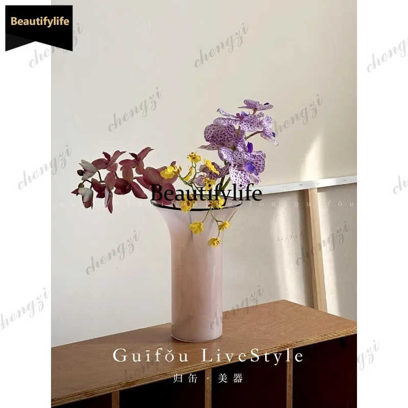 D80 living room flower arrangement ornament dining table entrance high-end glass flower utensil pink glazed vase