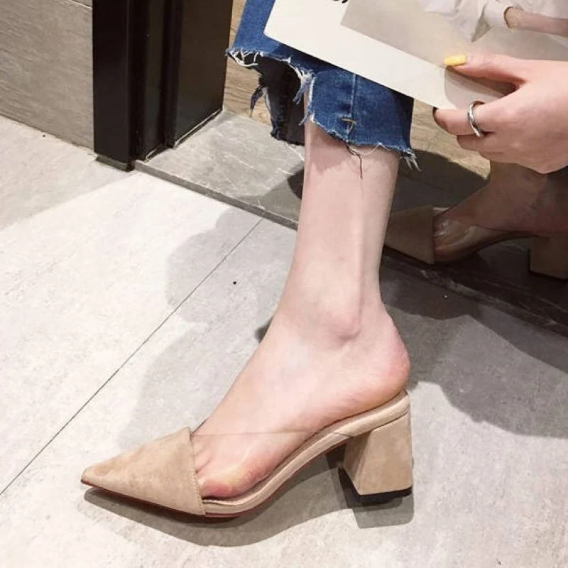 2023 New Arrival Summer Women\'s Pointy High Heels Half Support Transparent Fashion Thick Heel Sandals Root Women\'s Shoes