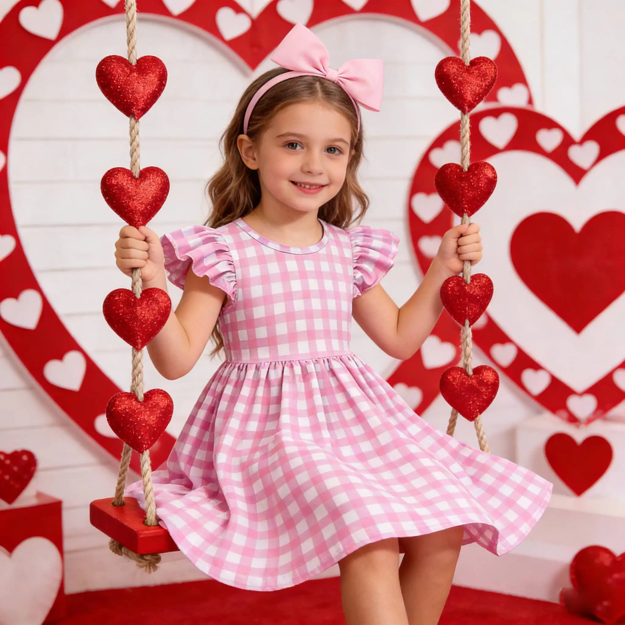 

2026 Pink Princess plaid Dress Carnival Summer Valentine's Day Kids Clothes Children Carnival Kids Party Wear 2 4 5 6 8 10 Years