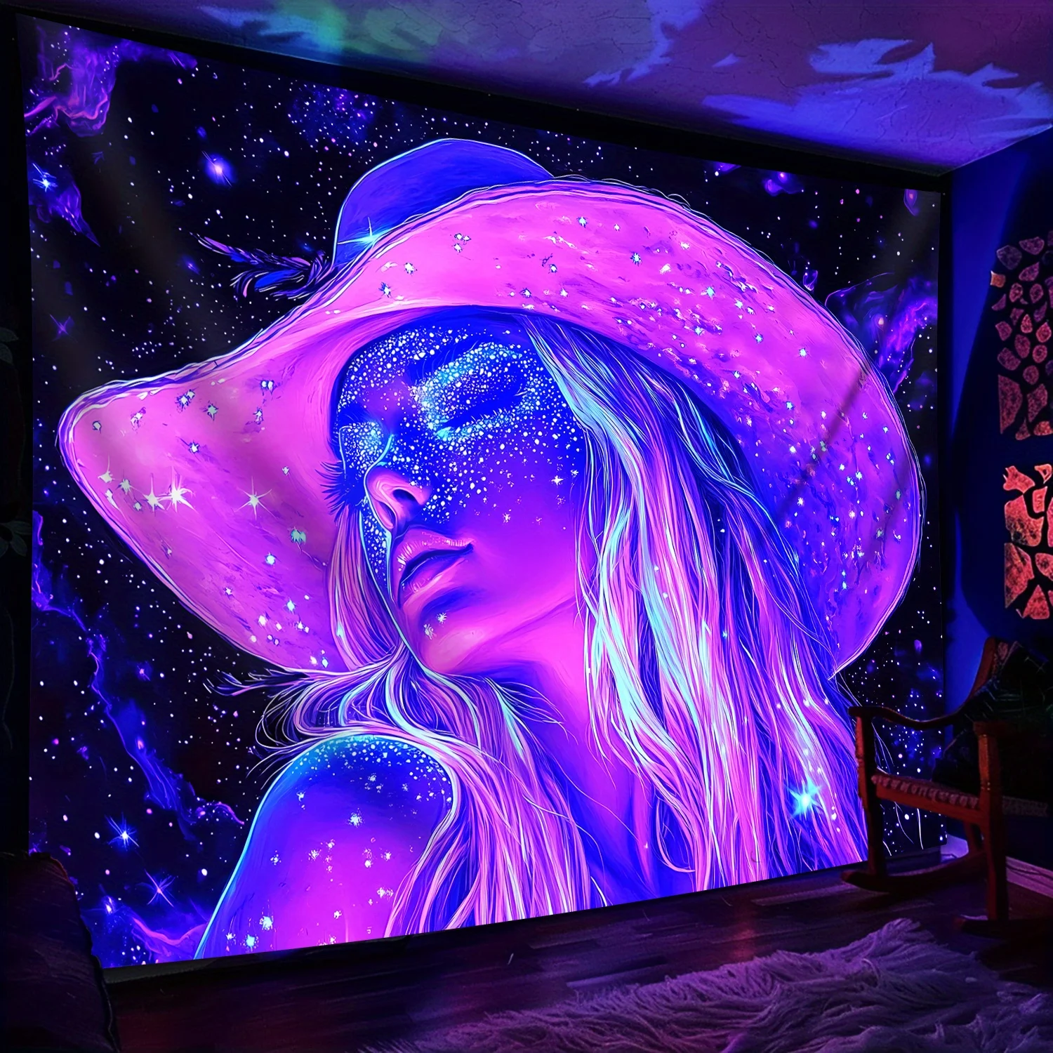 VIKAMA Cosmic Galaxy Woman Tapestry Purple Neon Starry Hat Lady Wall Hanging Psychedelic Backdrop Blacklight Bedroom Decor