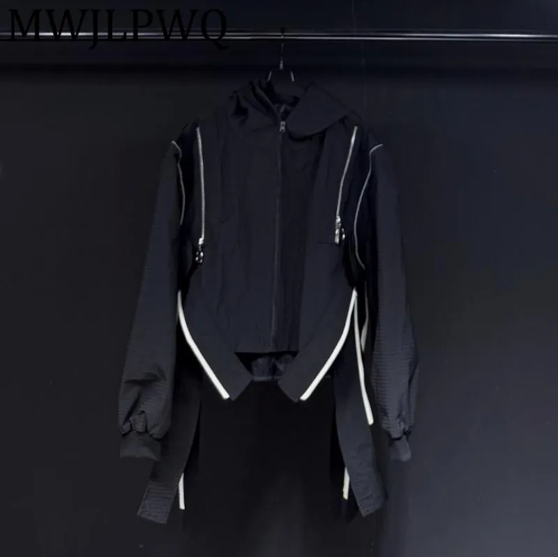 

MWJLPWQ Texture High Street Design Hooded Jacket 2025 New Heavy-Duty Zipper Patchwork Long Sleeve Casual Tops Autumn Tide 12408