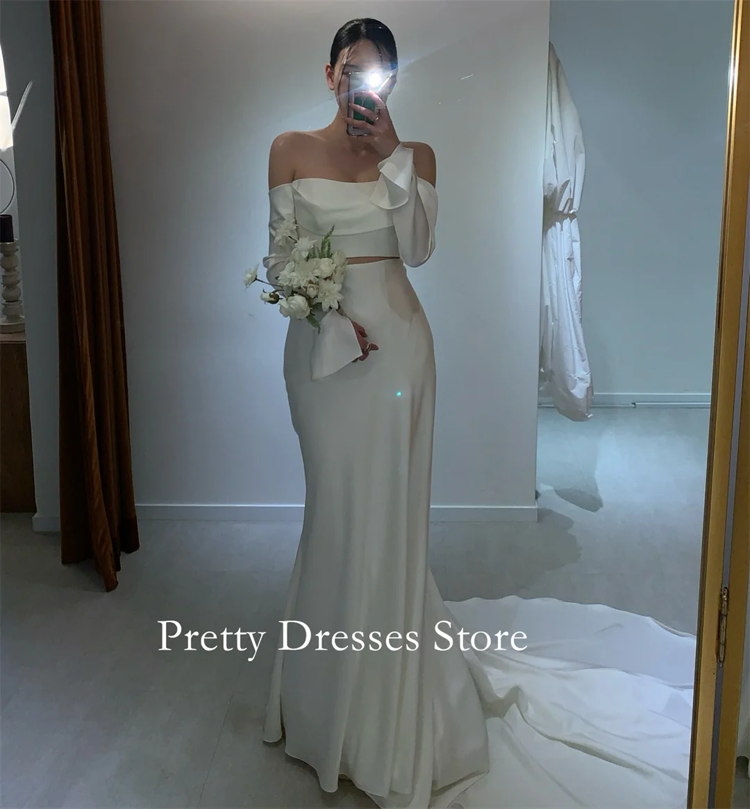 Off the Shoulder Korea Style Garden Customized Wedding Dresses Two Pieces  프롬드레스 Long Sleeves Elegant Bride Growns Party Women