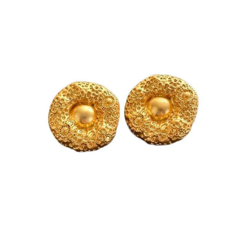Vintage Fashion Jewelry Minimalist Geometric Irregular Round Button Thick Gold Concave Convex Pattern Stud Earrings for Women