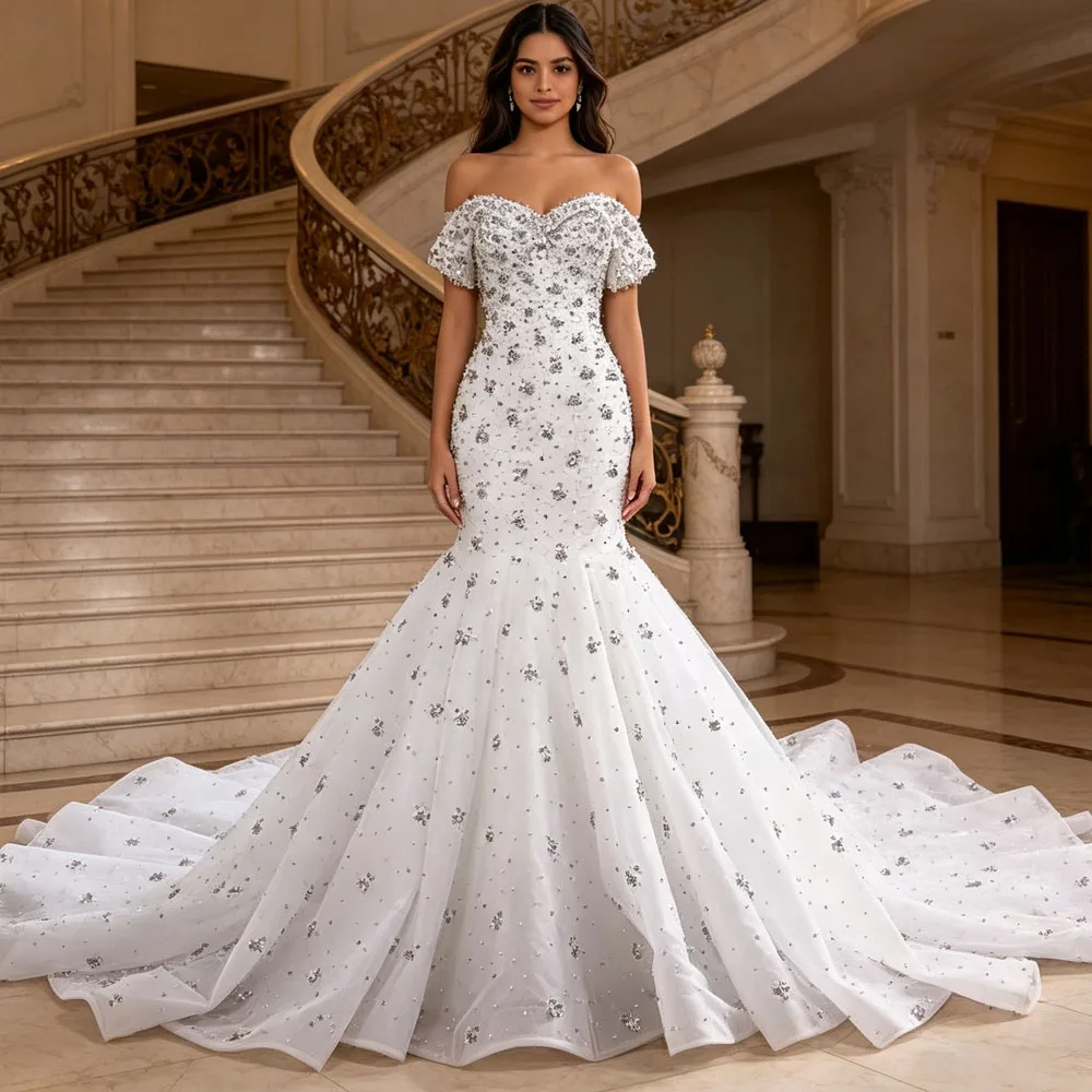 Customized Wedding Dress Sweetheart Off Shoulder Lace Up Back Sequined Beading Sheath Fit Bridal Dress