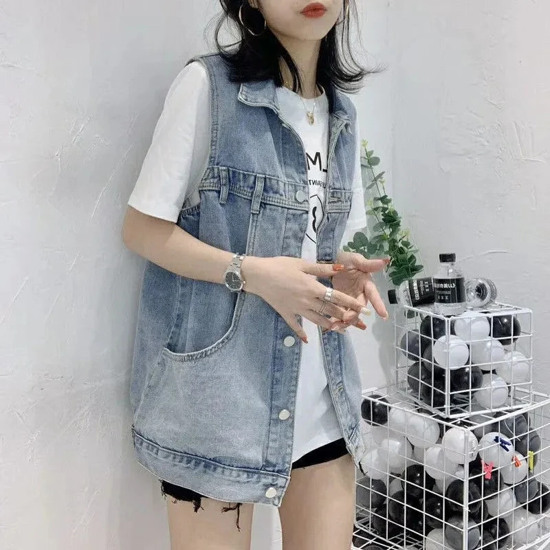 2024 Frühling/Sommer Jeans westen weibliche koreanische lose mittellange ärmellose Weste Jacke Top Oberbekleidung Studenten Jeans weste