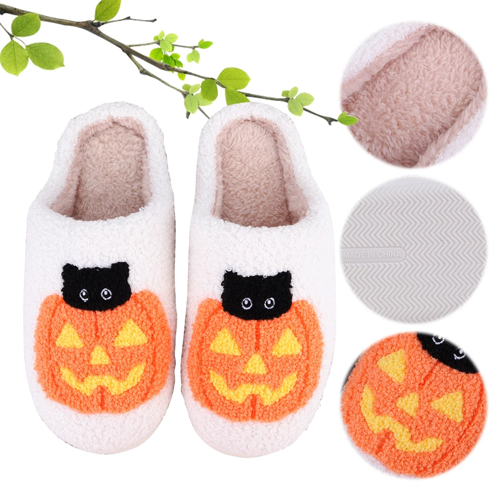 Halloween Plush Slippers Anti Slip Comfortable Furry Slippers Pumpkin Cat Pattern Fluffy Home Slippers for Winter Autumn