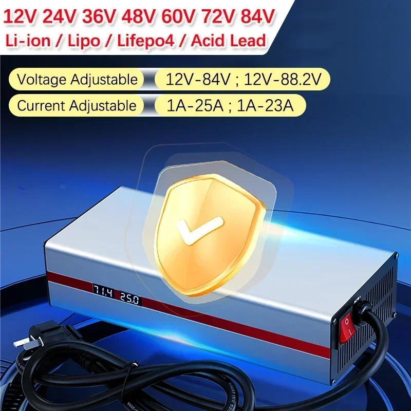 Cargador de batería de litio Li-ion Lifepo4 1A a 25A 12V 24V 36V 48V 60V 72V 84V cargador de batería de litio ajustable de corriente de voltaje