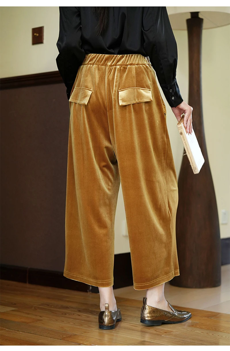 High-end Silk Velvet Women's Nine-inch Pants, Red Elegant Noble, Simple Wide-leg Pants,Large-sized, Comfortable Breathable Wear