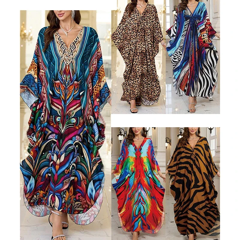

Women Bohemian Print Long Dresses Sexy V-Neck Batwing Sleeves Beach Cover Up 2025 New Vacation Pool Loose Bathing Suit Cover Ups