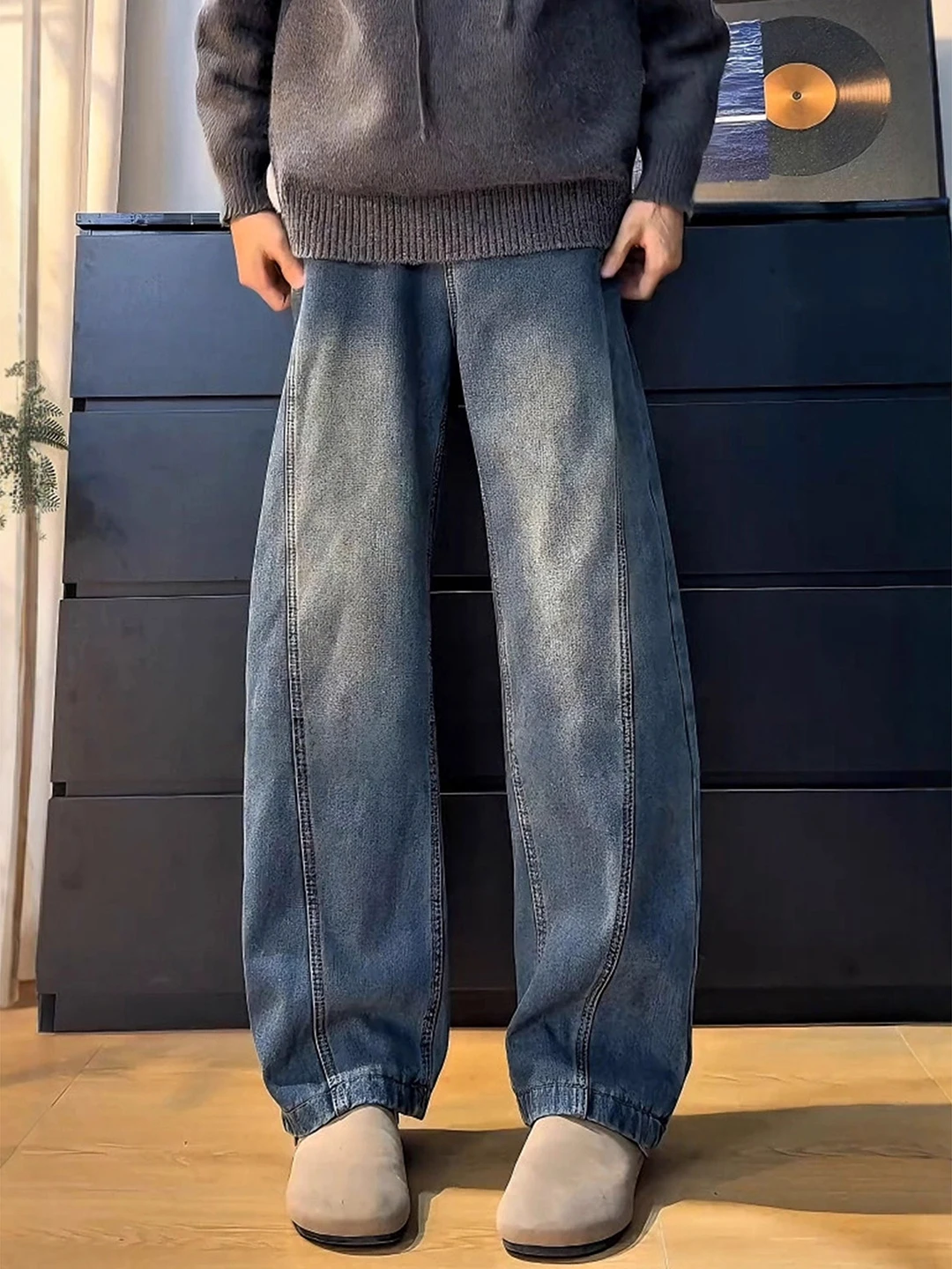 

Американские ретро-джинсы синего цвета с изогнутым кроем, утепленные флисом, мужские, зимние, свободные, прямые, слегка расклешенные, повседневные брюки