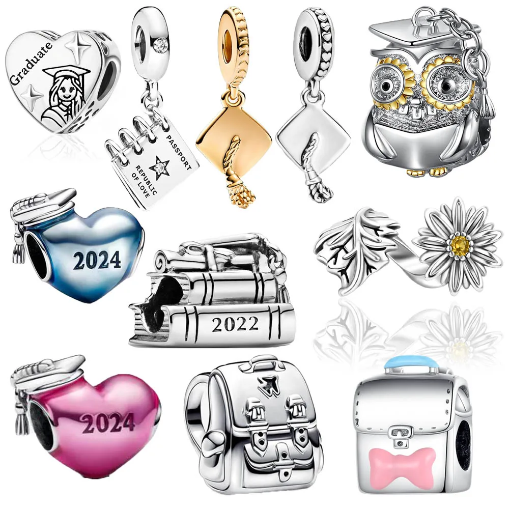 

925 Sterling Silver 2024 Bachelor's Hat Heart Charm&Girl Graduation Pattern Beads&School Bag Fit Pandora Bracelet Graduation Gif