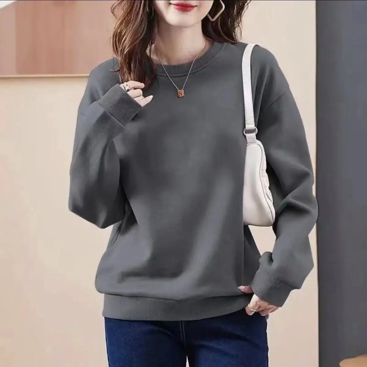 Early Autumn Pure Cotton Round Neck Long Sleeved Sweatshirt Women Loose Casual Simple All-match Hoodies Solid Tops