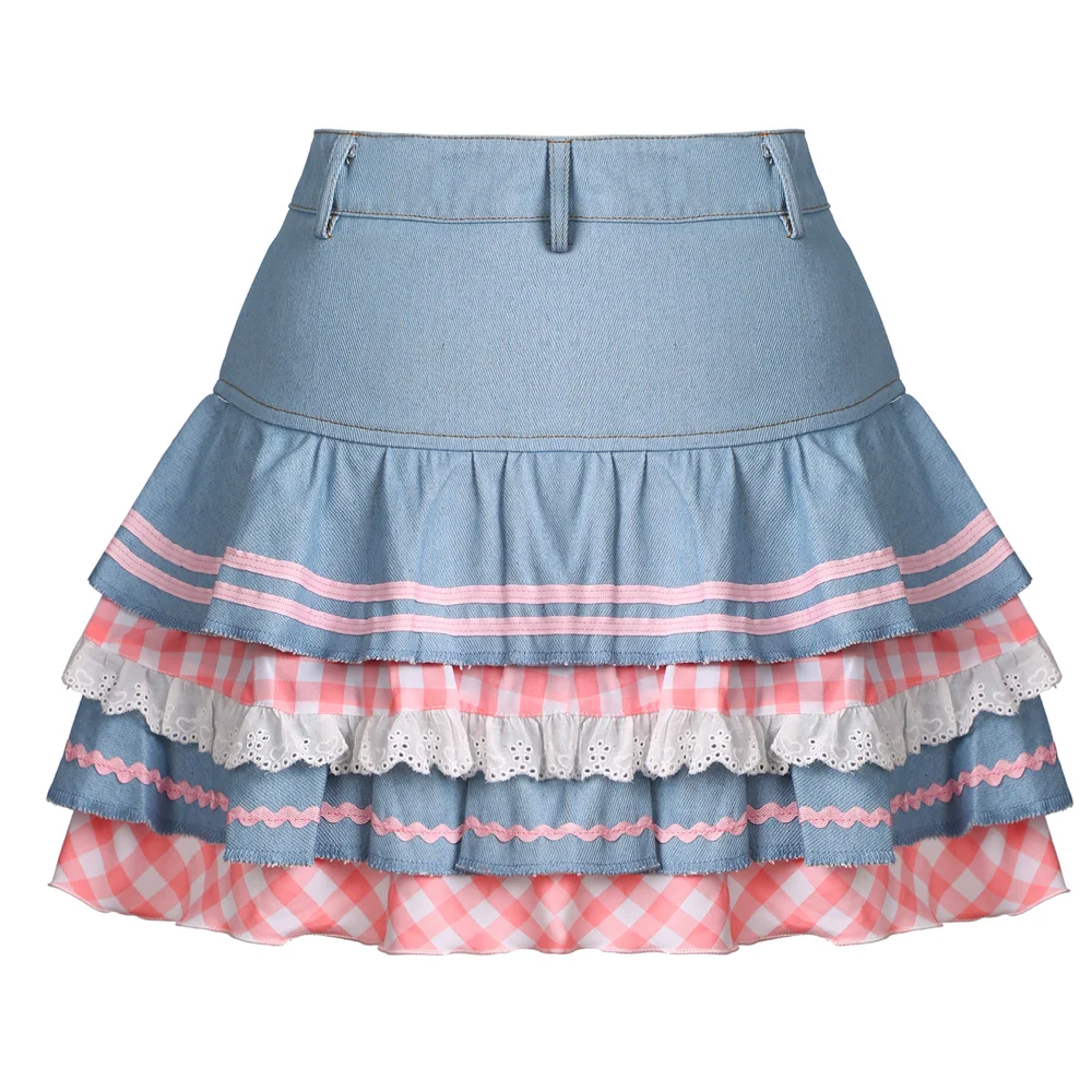 Y2k Kawaii Denim Skirt Mini Party Sweet Ball Gown Aesthetic High Waist Skirts 4 Layer Ruffle Cake Skirts E Girls Summer Skater