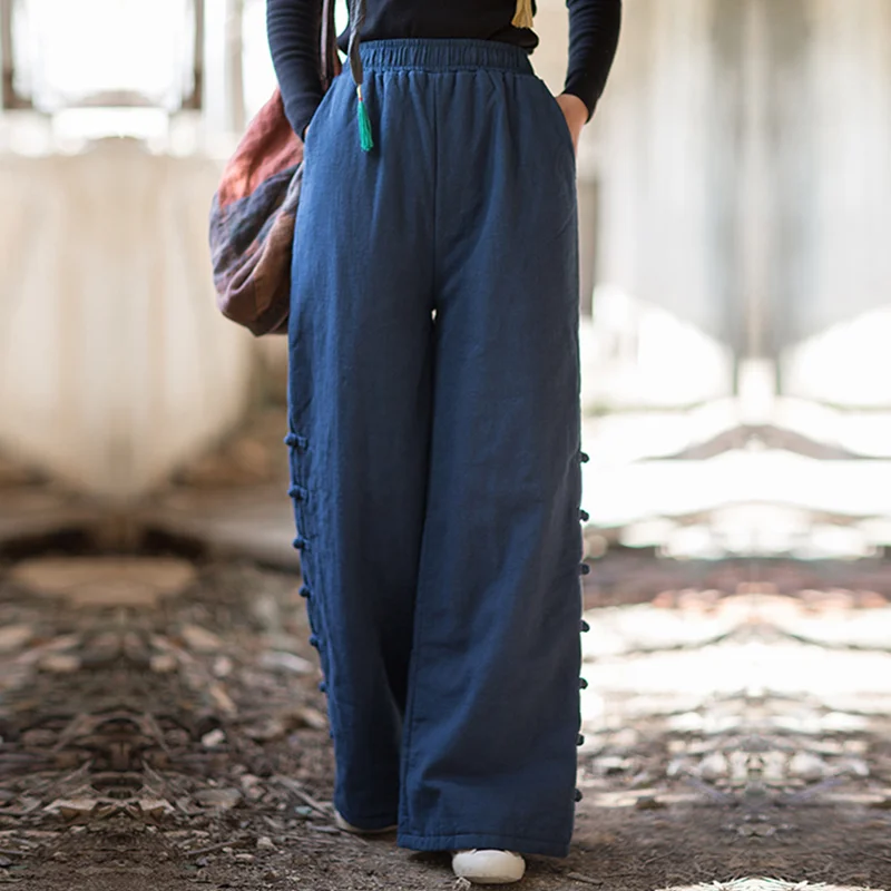 Women's Ethnic Vintage High Waist Loose Long Trousers Baggy Cargo Wide Leg Cotton Oversize Clothes with Elastic Waist Large Size