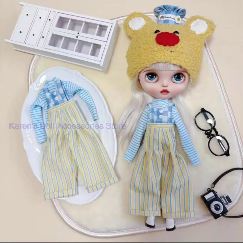 3pcs Blue striped base shirt+patchwork overalls+Butter Bear Hat for Blythe/landoudou(Fit for Lulu,ymy24,Ob22,24,26,zone, Jenny)