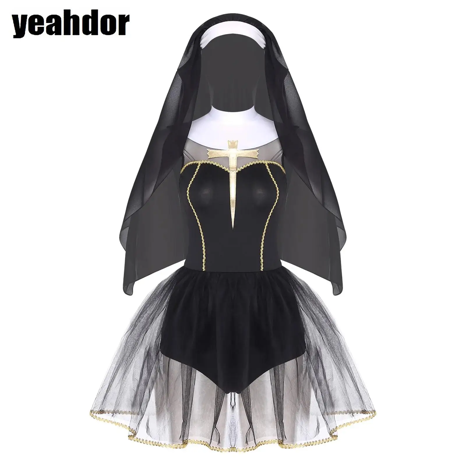 

Women Nun Cosplay Costume Halloween Church Nun Maid Dress with Veil Headscarf Nun Uniform for Sister Clergy Fancy Dress Up Party