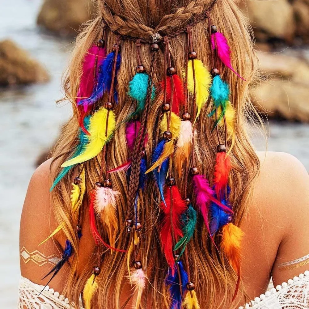 

Elegant Tassel Feather Headband Beaded Bohemian Boho Style Headdress Ethnic Costume Rainbow Indian Headband Festive