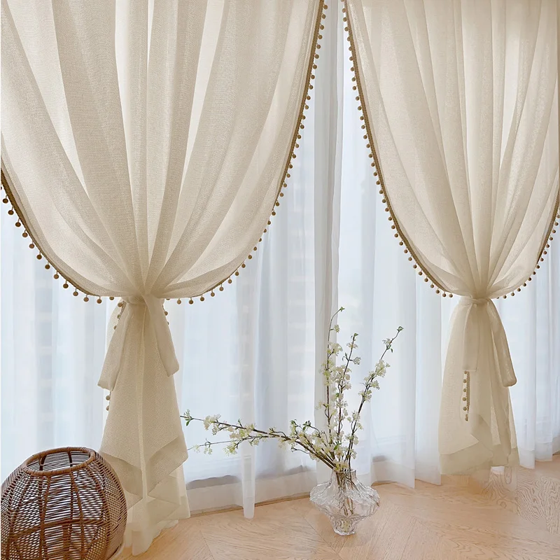 Retro Light Luxury Balcony Curtain  Plaid Cream Color Thickened Gauze Curtain for Living Room Bedroom Wooden Bead Lace Romantic