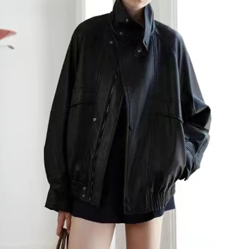 Spring Genuine Leather Jacket Women 2026 Zealand Soaked Imported Leather Stand Collar Medium Length Motorcycle Loose Wide Coat