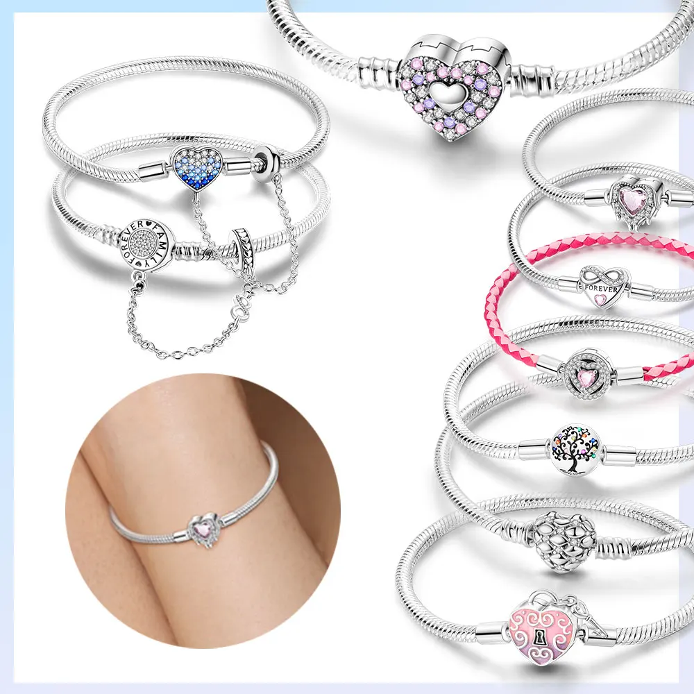 925 Silver Original Heart Love Bracelet Purple Zircon Life Tree Fixed Chain Bead Bracelet Women Jewelry Luxury Valentines Gift