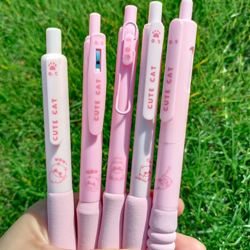 Bolígrafos de Gel Kawaii de secado rápido, 5 piezas, supersuaves, serie rosa, bonitos gatitos, tinta negra, artículos de papelería japoneses Kawaii