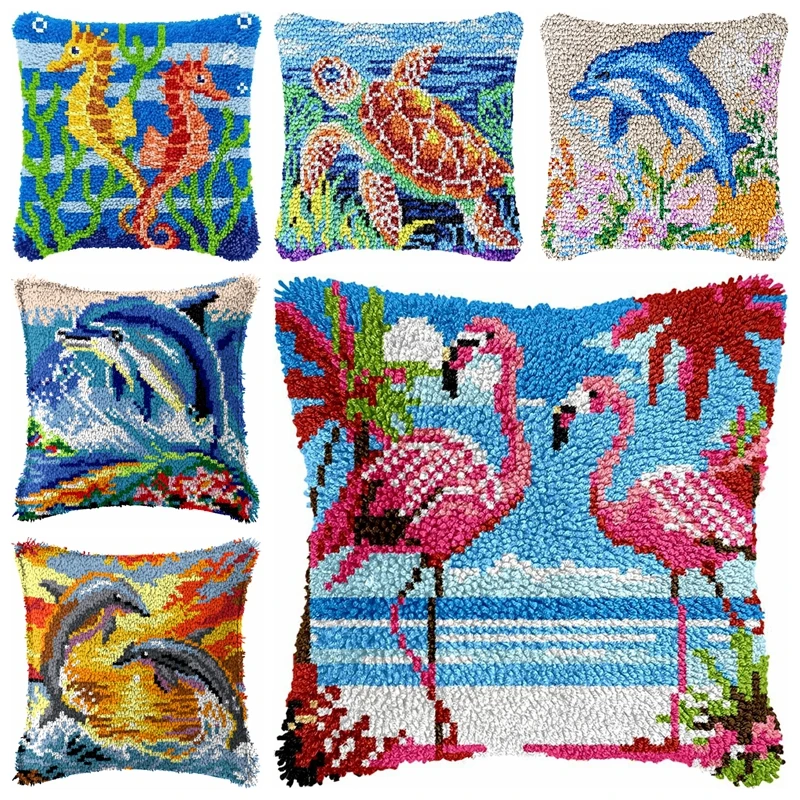 

Latch Hook Rug Kits Pillowcase Ocean Animals Series Pillow Material Package Handcraft Latch Hook Kits Embroidery Cushion Decor
