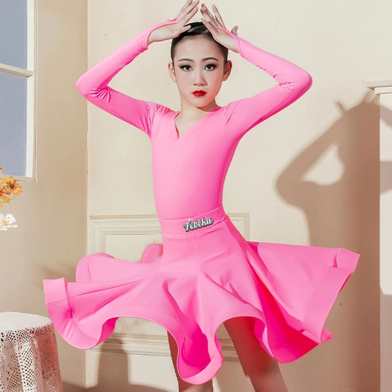 Multi Colored Latin Dance Dress Girls Professional Competition Clothes Long Sleeves Suit Cha Cha Dance Training Wear DNV20324