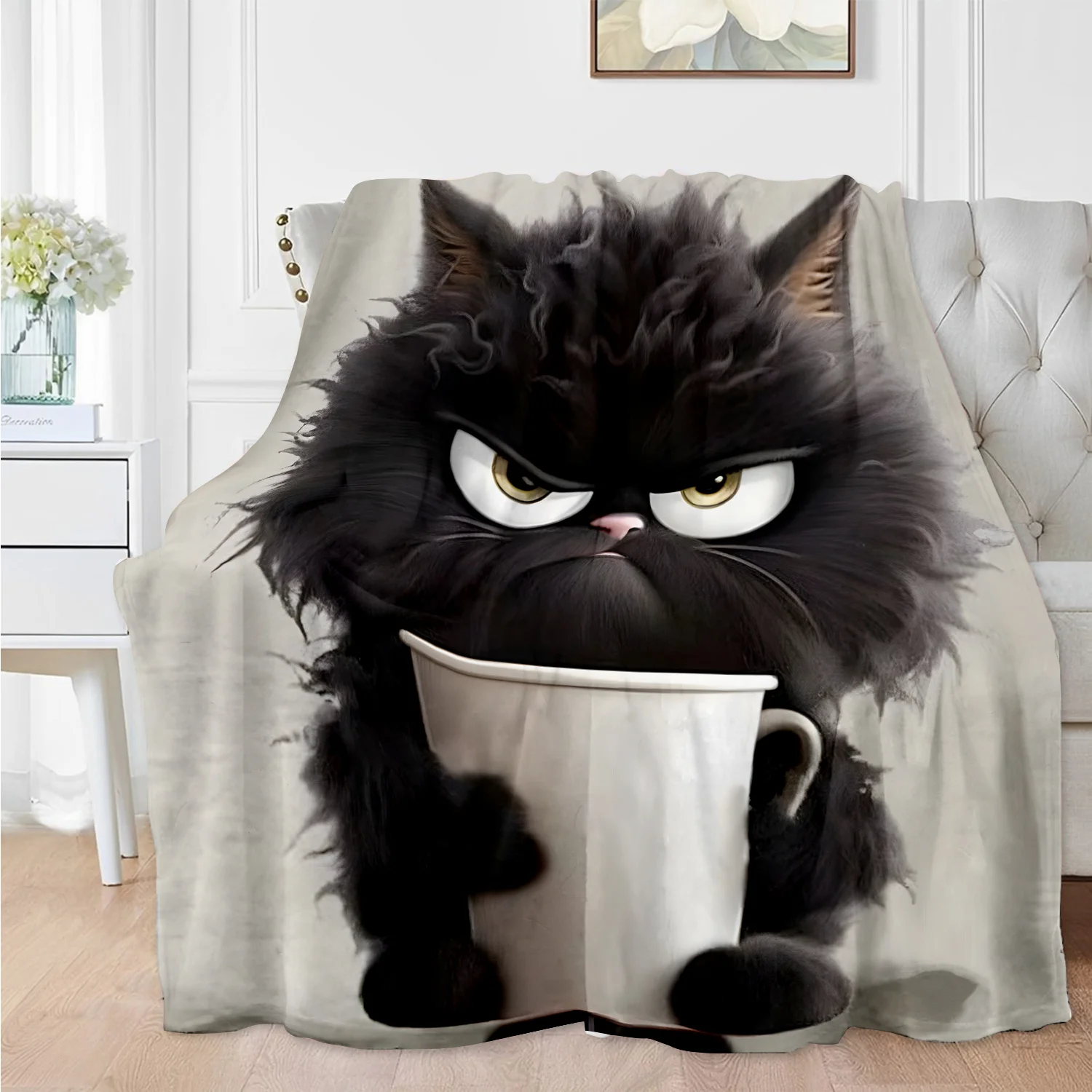 Cozy Angry Cat & Coffee Flannel Throw Blanket - Soft, All-Season Comfort, Perfect for Couch, Bed, Office, and Travel