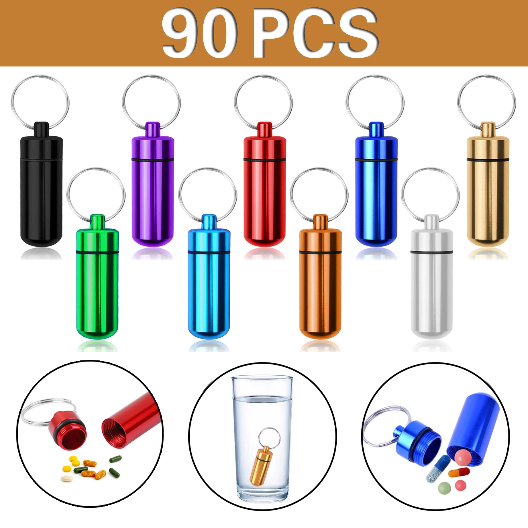 90Pcs Keychain Pill Holder Small Pill Box Keychain Portable Waterproof Metal Pill Container Case Holder Organizer